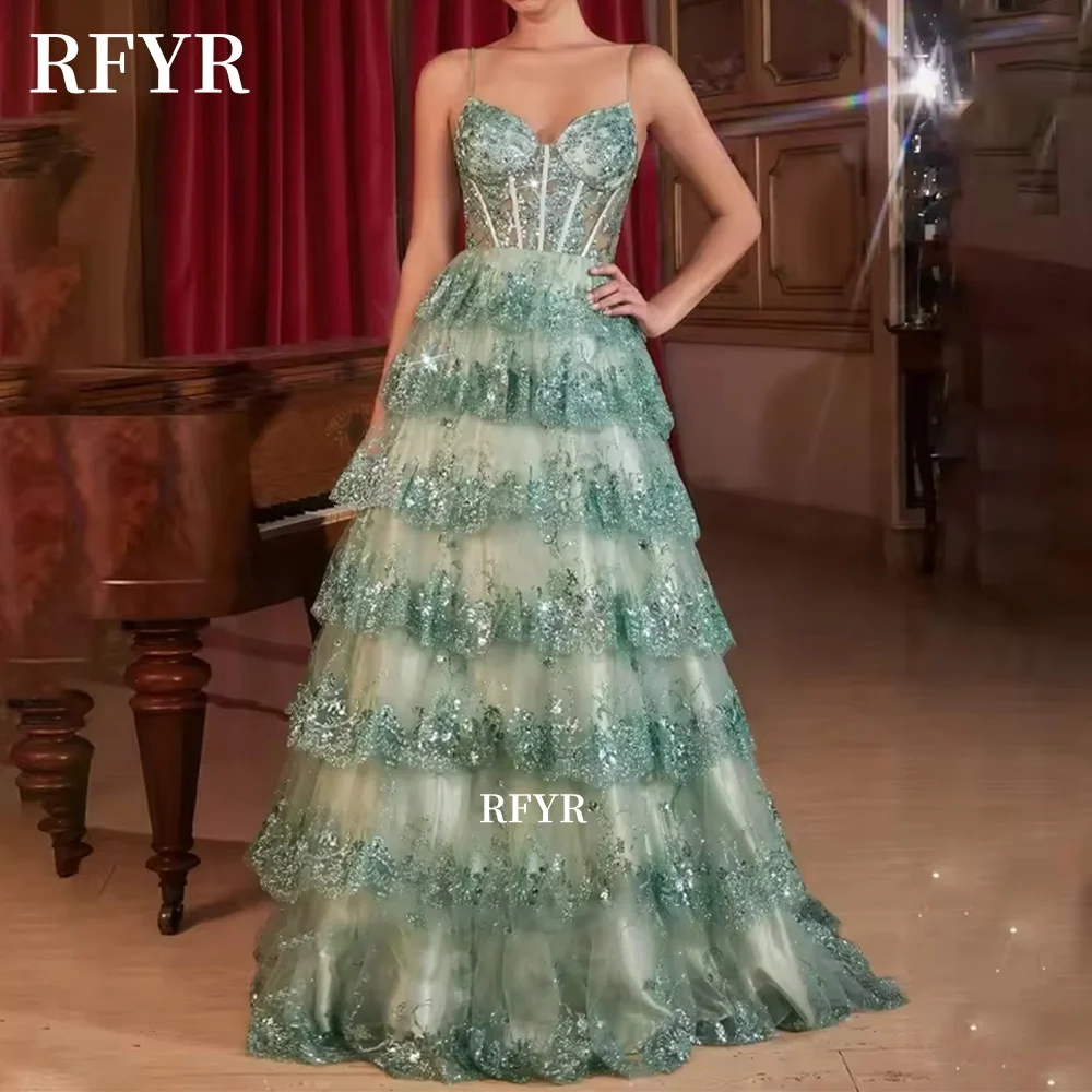 

RFYR A Line Evening Dresses Sweetheart Prom Dress Applique Multilayers Princess Gowns Slit فساتين مناسبة رسمية Customized