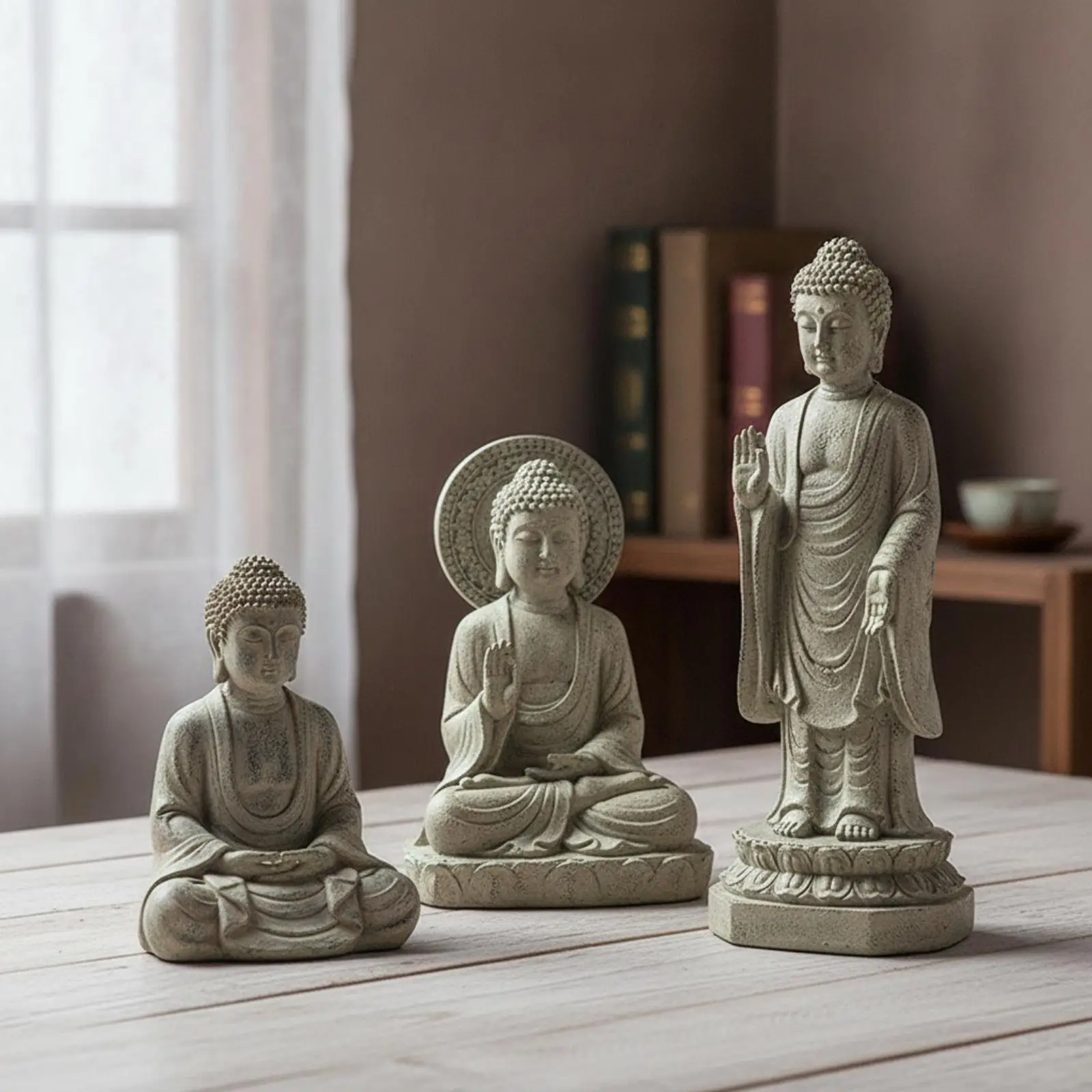 Resin Buddha Figurine Sculpture for Shelf Desk Calm Decor Weathered Stone Finish Piece