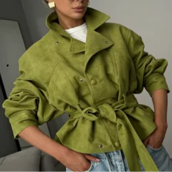 Avocado Green Lapel Jacket For Women Long Sleeve Single Breasted Solid Trench Coat 2026 New Lady Spring Autumn Streetwears