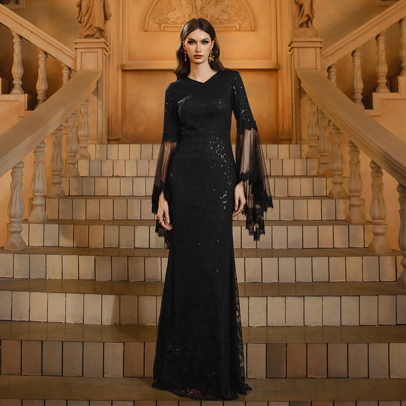 

Women Black Dresses Flare Sleeve V Neck Sequined Elegant Cocktail Prom Formal Occasion Evening Long Maxi Dress Female Clothing