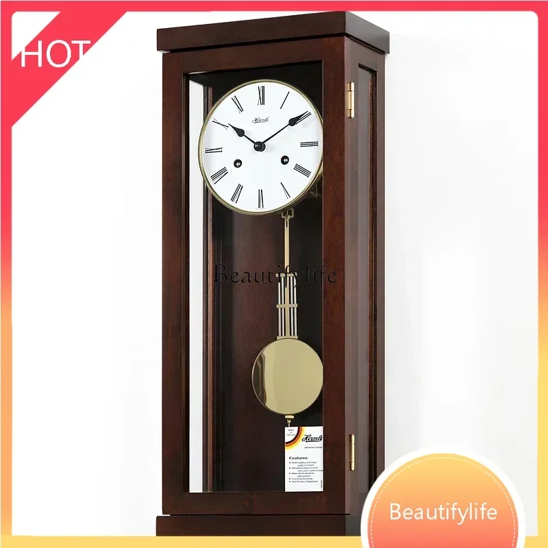 style  Living room mechanical pendulum clock solid wood simple square wall hanging retro timepiece ss 8617