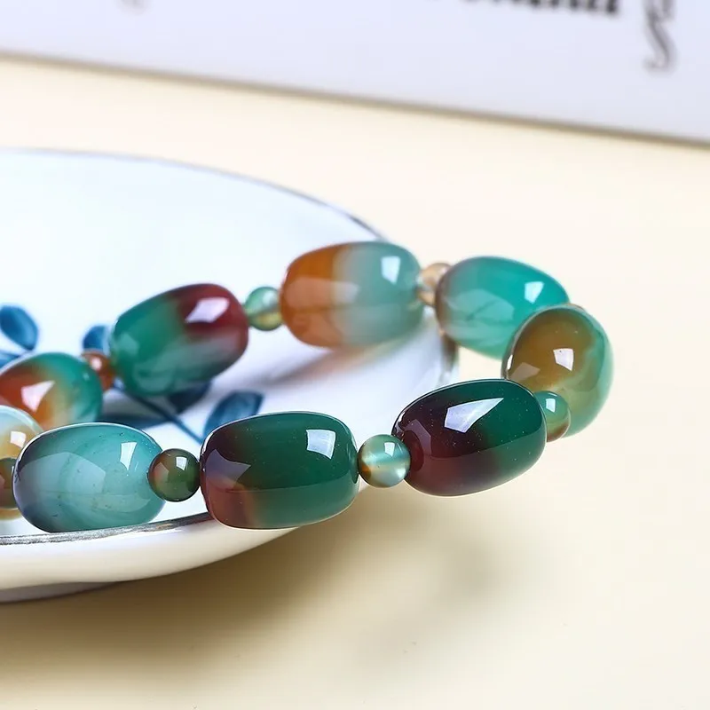 JD Natural Stone Colorful Green Peacock Agate Charm Bracelet Women Elegant Barrel Shape Healing Bangles Couples Jewelry Gift