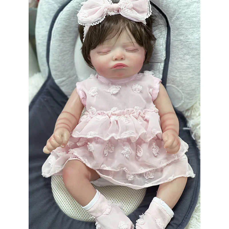 

45CM Sleeping Baby Rosalie Newborn Baby Reborn Doll Cloth/Silicone Body Lifelike Soft Touch with Hand-Rooting Hair Doll