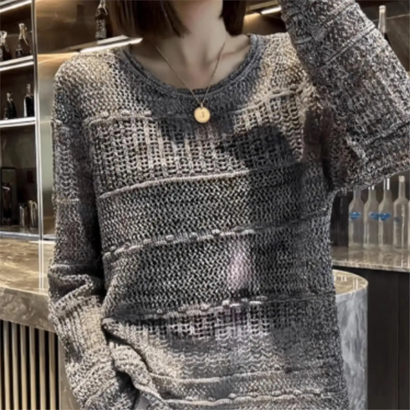 

Новинка 2023 года, свободный вязаный свитер Lazy Sle, круглый свободный вязаный свитер, летний универсальный корейский модный длинный свек, верх, скрывающий мясо