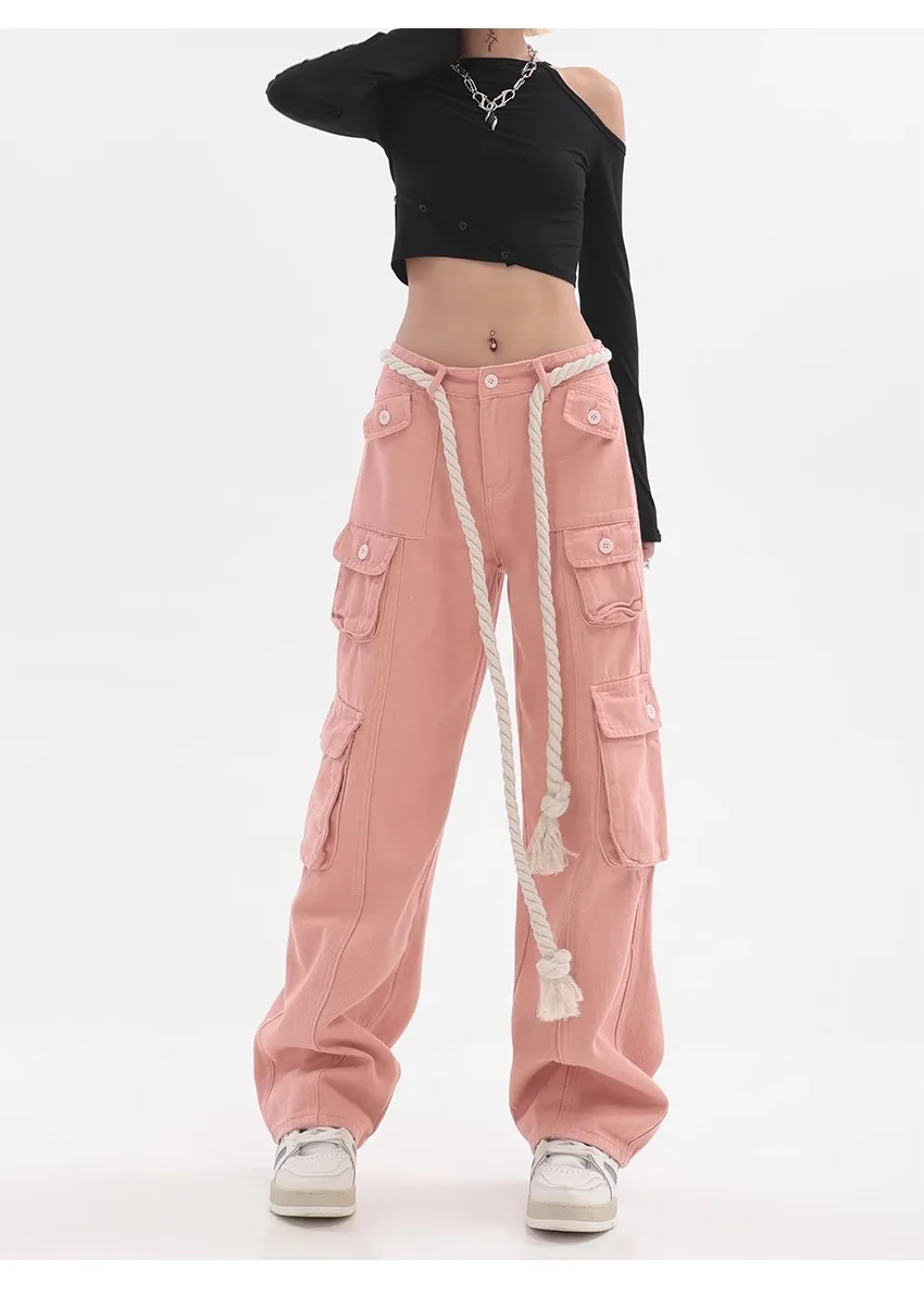 Calça jeans reta de cintura alta feminina, calça rosa cargo casual, perna larga, calça jeans estilo streetwear grunge, Y2K