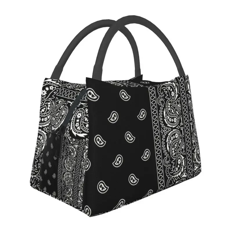 Black And White Paisley Chicano Bandana Style Insulated Lunch Bags for Black And White Thermal Cooler Lunch Tote Work Picnic