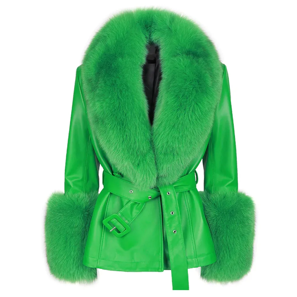 Denny&Dora Green Women Real Fox Fur Collar Genuine Leather Coat Trench Coat Short Fur Jacket