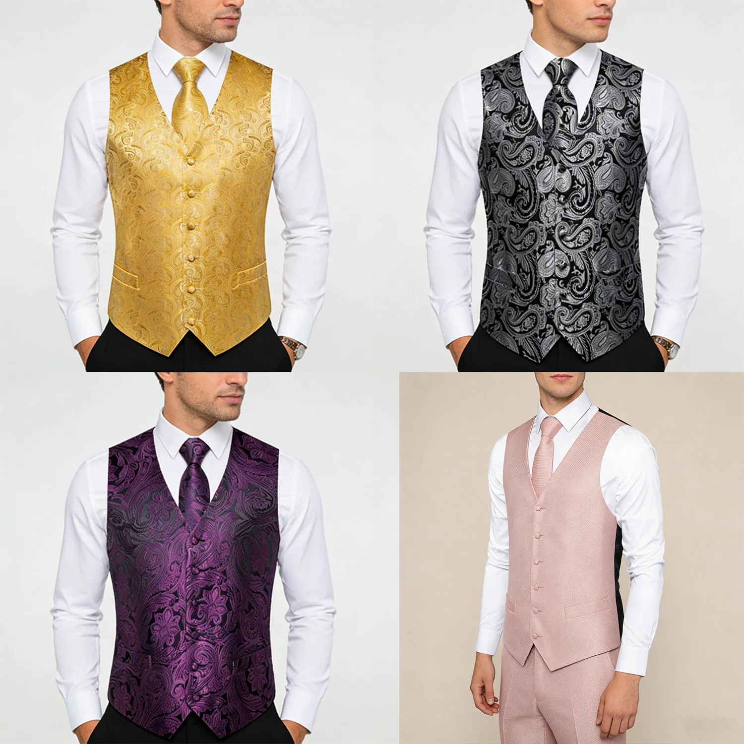 

Men's Formal Suit Vest & Tie Set – Waistcoat with Necktie Pocket Square, Perfect for Weddings and Business Events