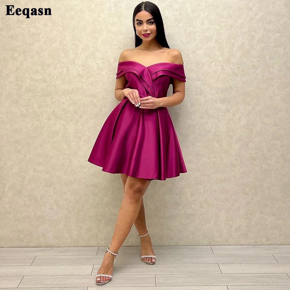 

Eeqasn Fuchsia Satin Mini Prom Dresses Women Homecoming Dress Above Knee Off The Shoulder Formal Wedding Party Bridesmaid Gowns