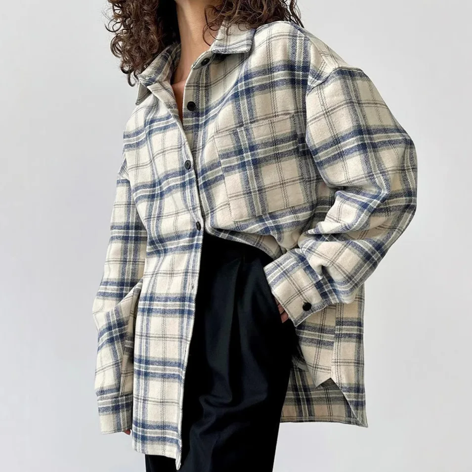 

Loose Women's Plaid irt Long Sve American Collar Autumn Winter Faion New Sle Cross-Border Coat PU Material Commute S...