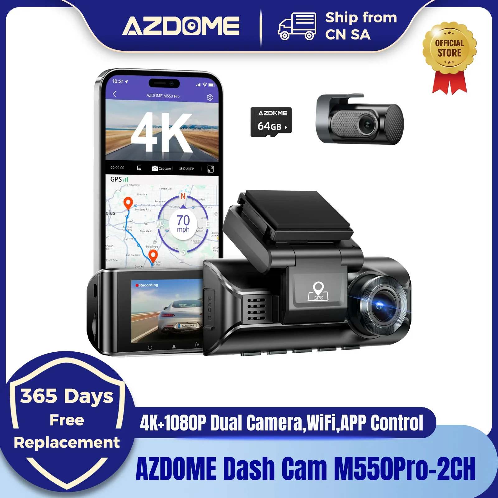 

AZDOME M550Pro-2CH Dash Cam 4K Front + 1080 RearCam Car DVR Dual Camera Bulit-in WiFi Car Recorders IR Night Vision APP Control