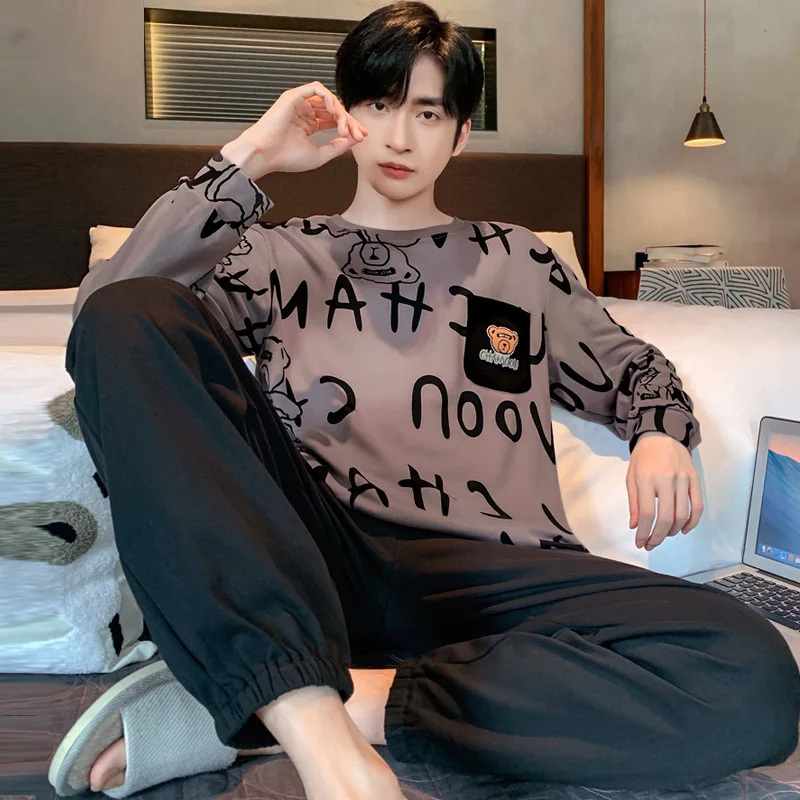 

Мужские пижамы больших размеров, осень-зима, свободные с длинными рукавами для отдыха, мультяшный медведь в полоску, 2 шт./компл., черная мягкая повседневная одежда с круглым вырезом