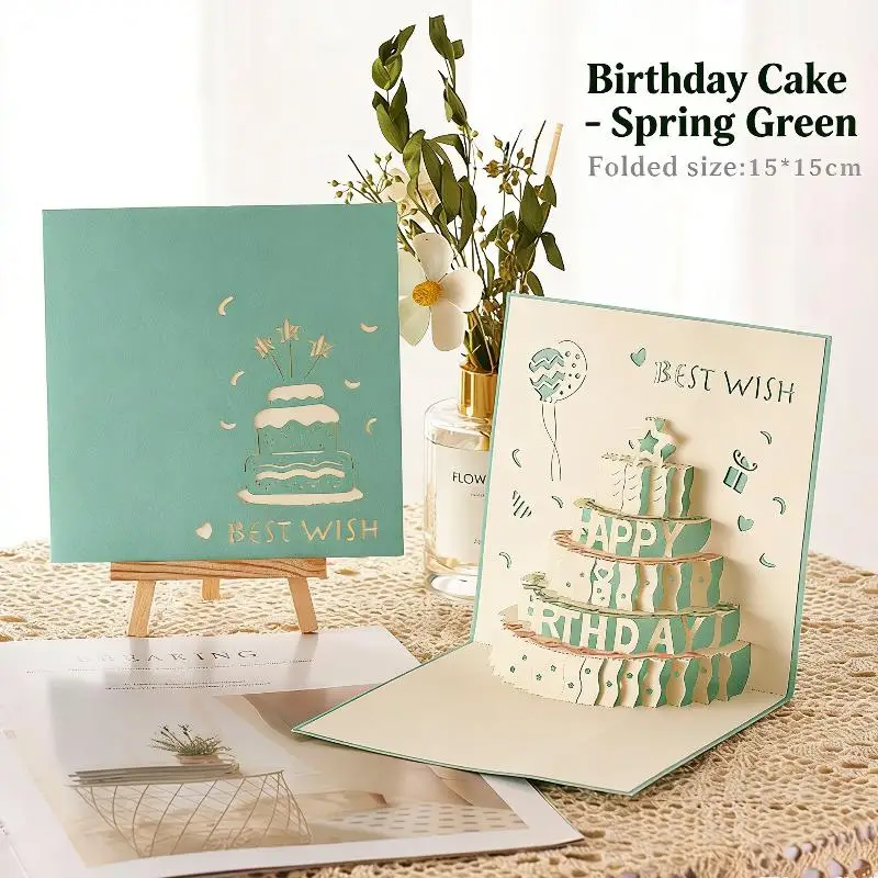 Carte d'anniversaire musicale 3D stéréoscopique creuse haut de gamme faite à la main, motif gâteau bleu printanier, pour l'anniversaire des amis, fournitures festives