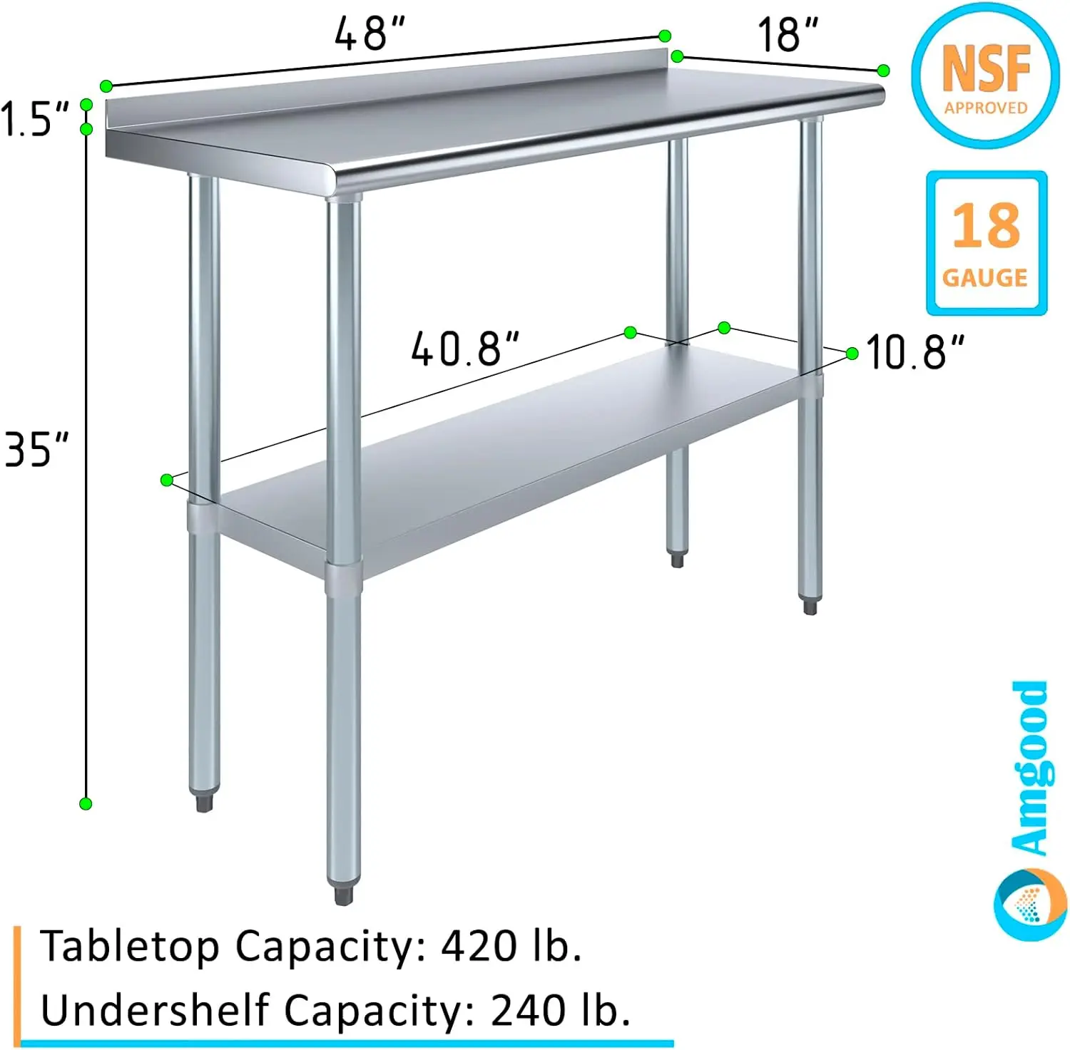 Table de travail en acier inoxydable avec dosseret de 1.5 po, table de préparation des aliments de cuisine en métal, NSF, 48 po de long x 18 po de profondeur