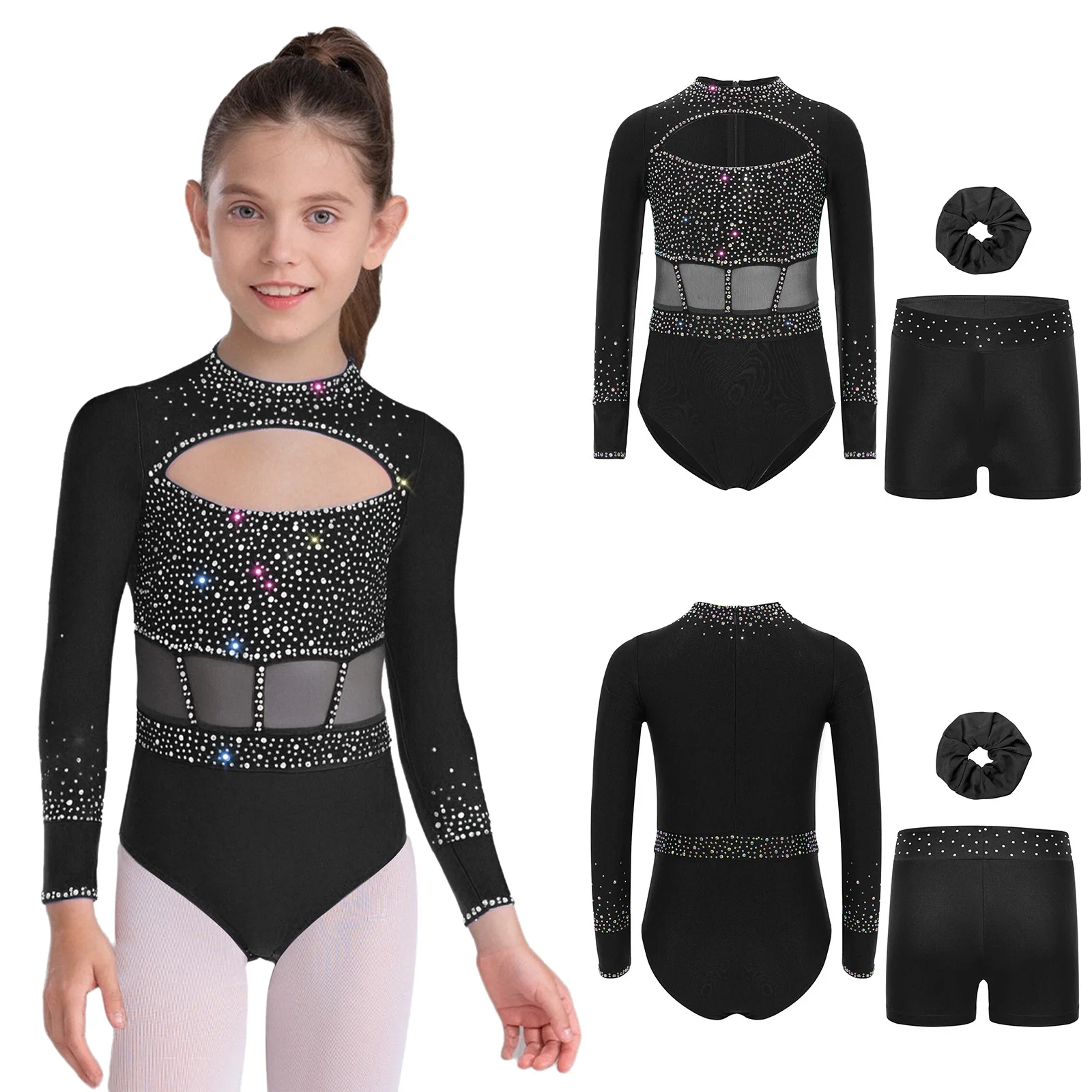 キラキララインストーンバレエダンスボディスーツ子供用女の子体操衣装長袖/ノースリーブレオタードショーツ付き帽子付き