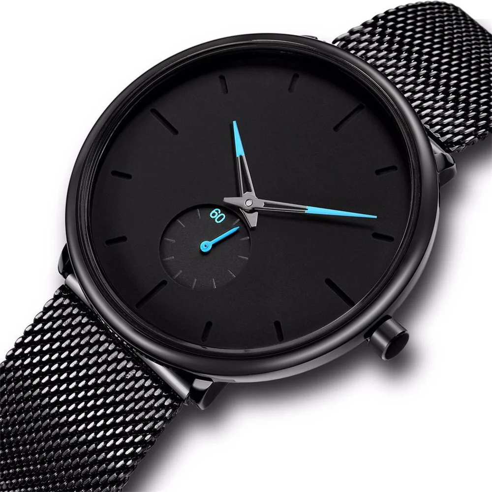 

Men's Ultra Thin Minimalist Style Luxury Business Sport Watches Fashion Steel Mesh Band Quartz Watch For Men WristWatch Clock