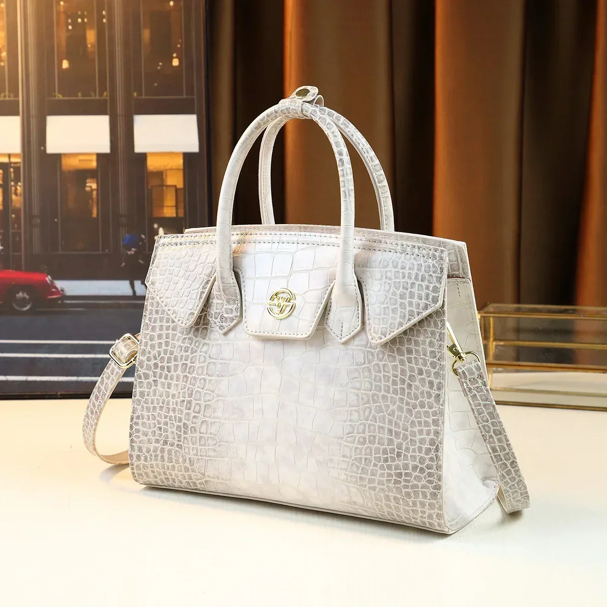 New Arrival PU Leather Bag for Women, Elegant Crocodile Pattern Platinum Bag, Large Capacity Shoulder Bag, Best Gift for Mom