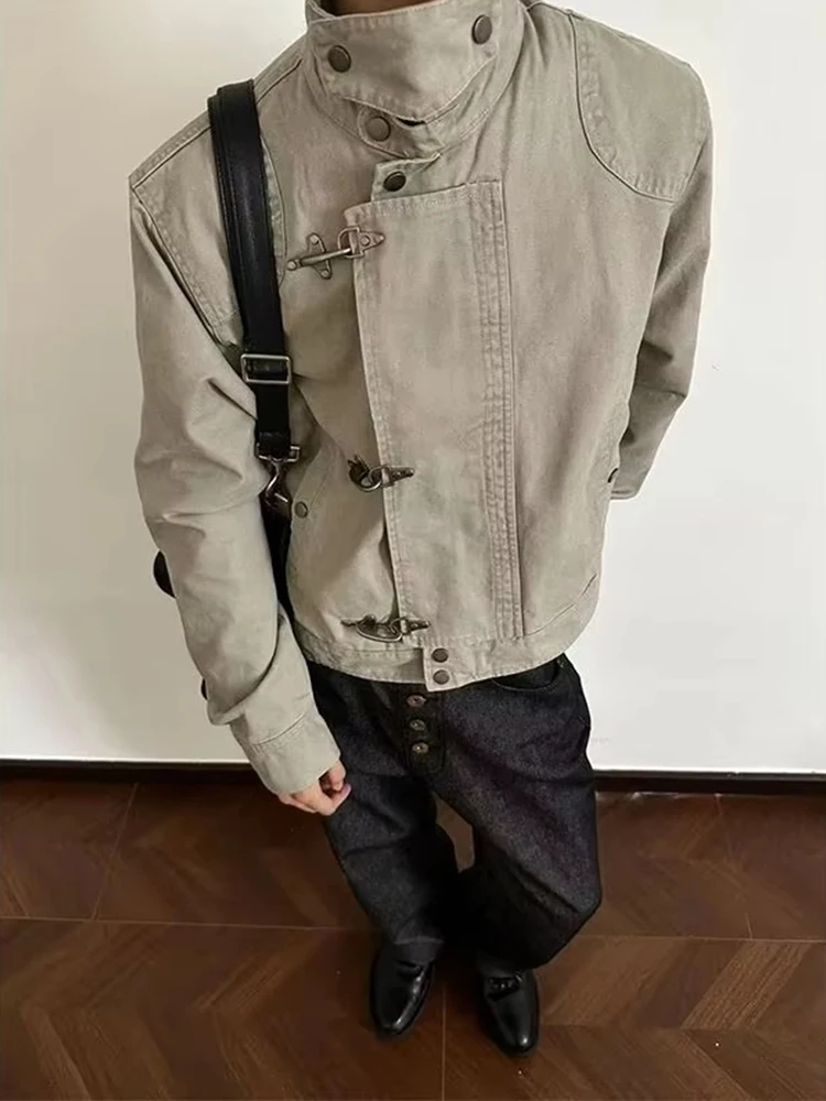 Harajuku Mens Jacket American Vintage Streetwear Buckle Short Workwear Coat Stand Collar Loose Fit Unisex Spring Autumn Clothes