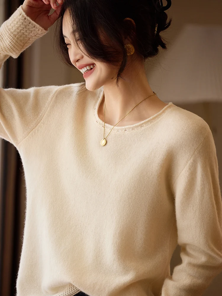 

Chic Women's O-Neck Retro Autumn Winter 100% Merino Wool Knitwear Pullover Sweater Warm Soft Solid Casual Loose Clothing Tops