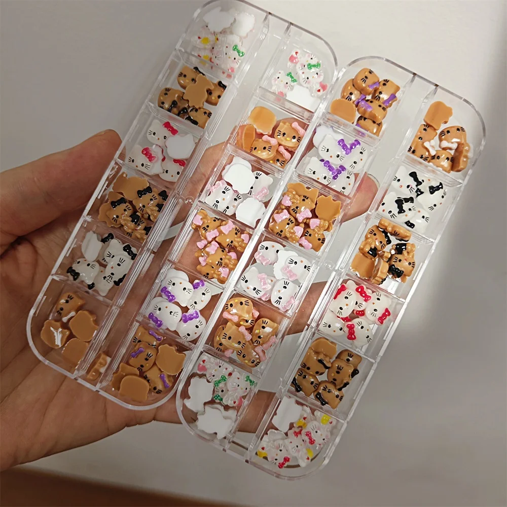 12grid/Box 5DCartoon Tanning Hello Kitty Nail Charms 8X10mm Black Shin  Kitty Nail Art Y2k Pink/White/Black Bow Kitty Nail Parts
