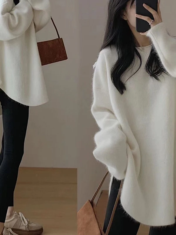 Loose round Neck Pure Color Knitted Sweater Women's Fashionable Base Layer Shirt Korean Style Comfortable Lazy Style Top
