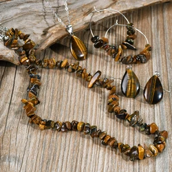 6PCS Vintage Tiger Eye Stone Necklace Earrings Jewelry Set Unisex Delicate Versatite Autumn And Winter Accessories