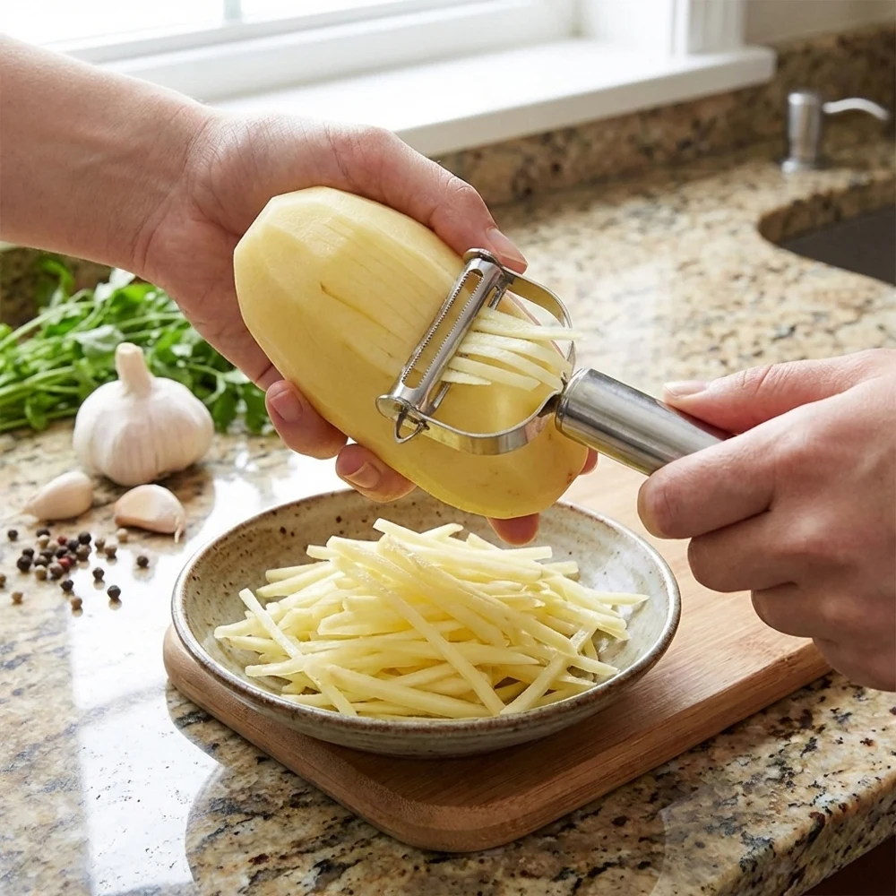 Multifunctional Stainless Steel Vegetable Slicer Potato Peeler Julienne Cutter Manual Kitchen Tool for Food Prep Ergonomic Handl