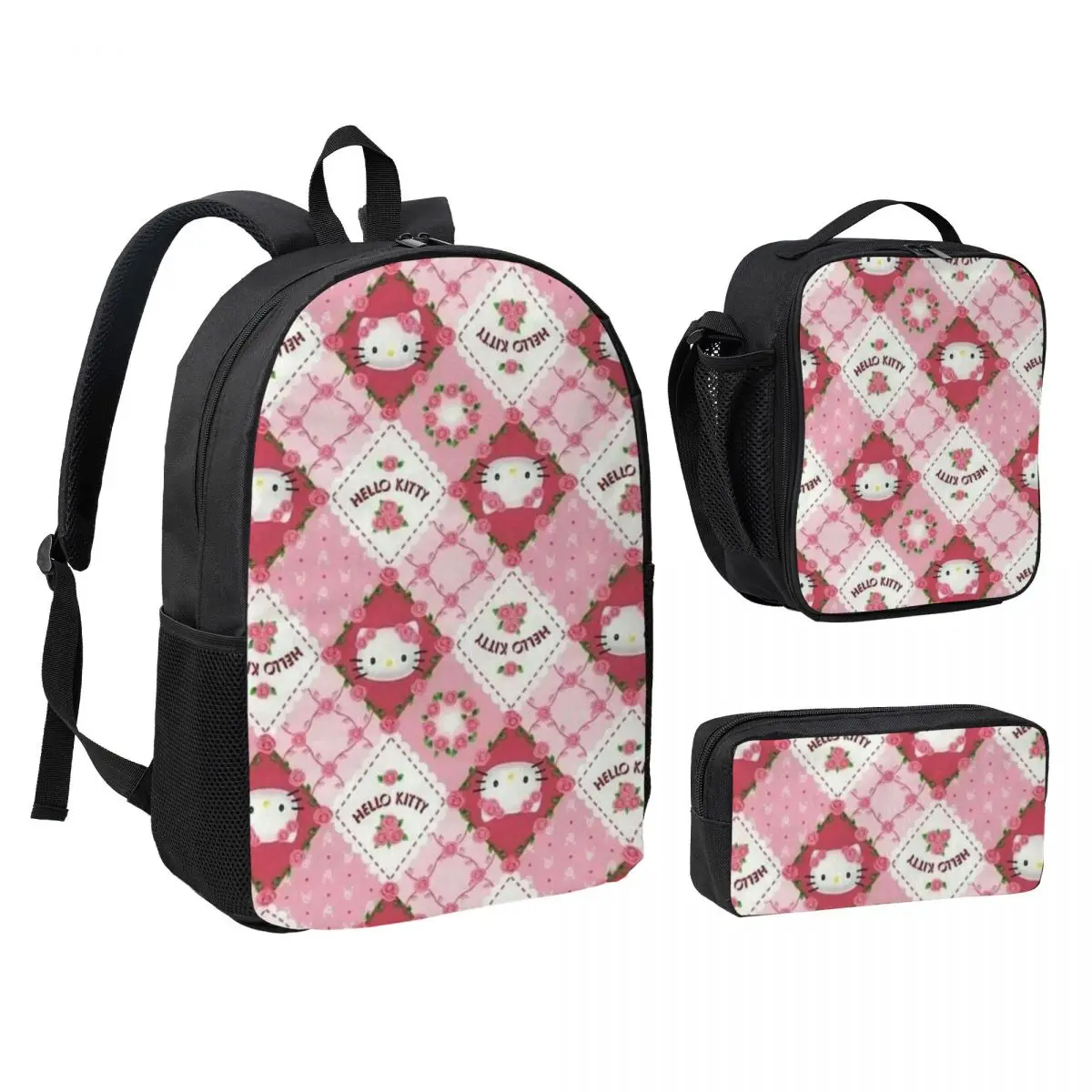 17-Inch Backpack, Lunch Bag, and Pencil Case Set Hello Kitty Durable and Stylish 3-in-1 Combo for School and Travel