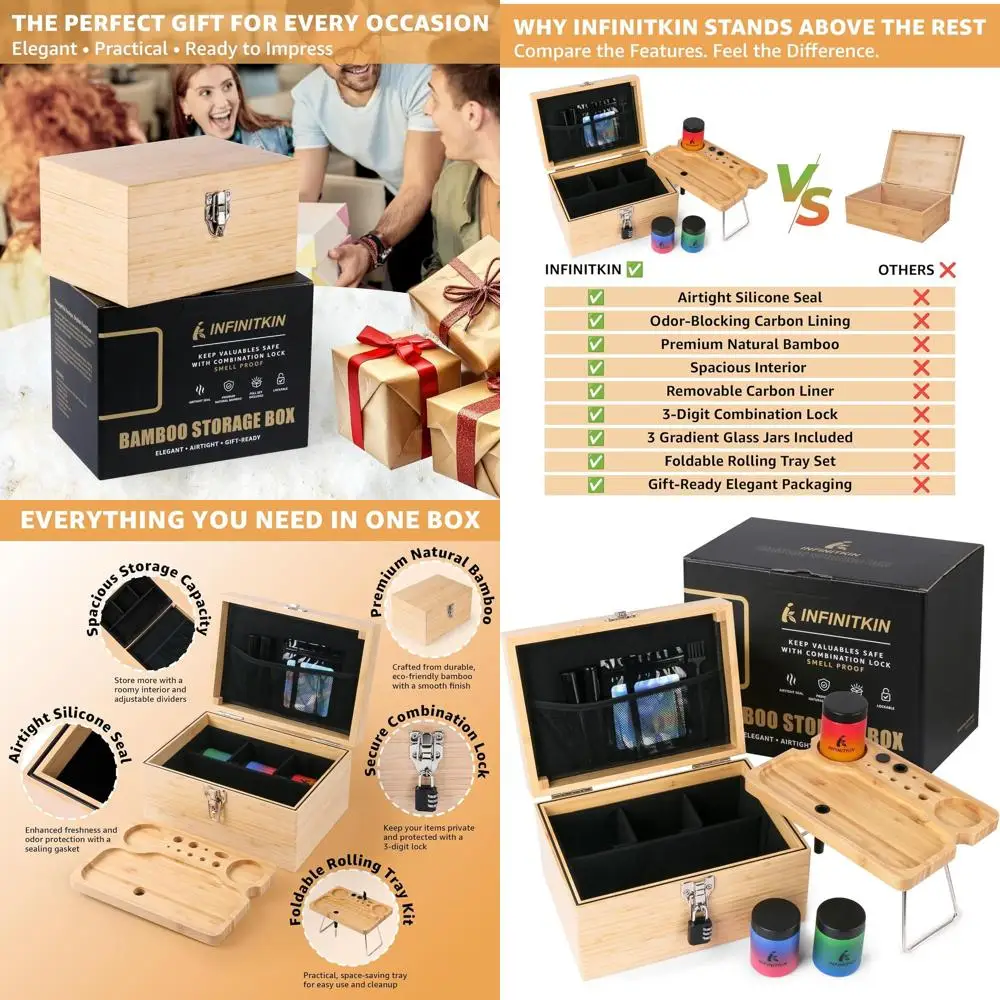 

Large Airtight Wooden Storage Box with Combination Lock, Foldable Tray, and Gradient Glass Jar - Ideal for Travel and Home Use