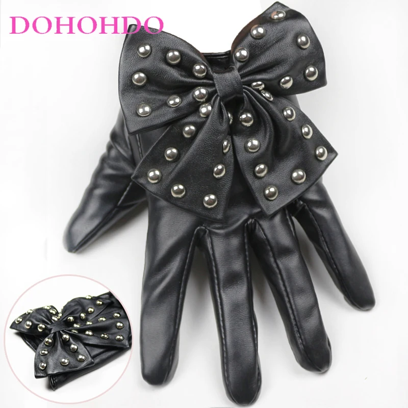 برشام قفازات جلدية سوداء القوس الكبير تصميم السيدات دراجة نارية قفازات موضة بولي PU فو الجلود في الهواء الطلق قفازات كاملة الأصابع دائم