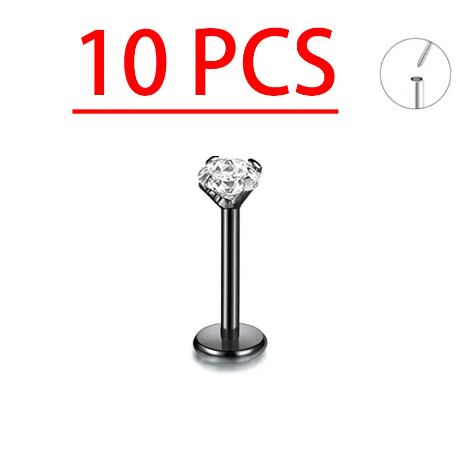 10pcs G23 Titanium Earrings Set Zircon Stone Push in Nose Studs Threadless Earring Sexy Ear Helix Lip Piercing Wholesale Jewelry