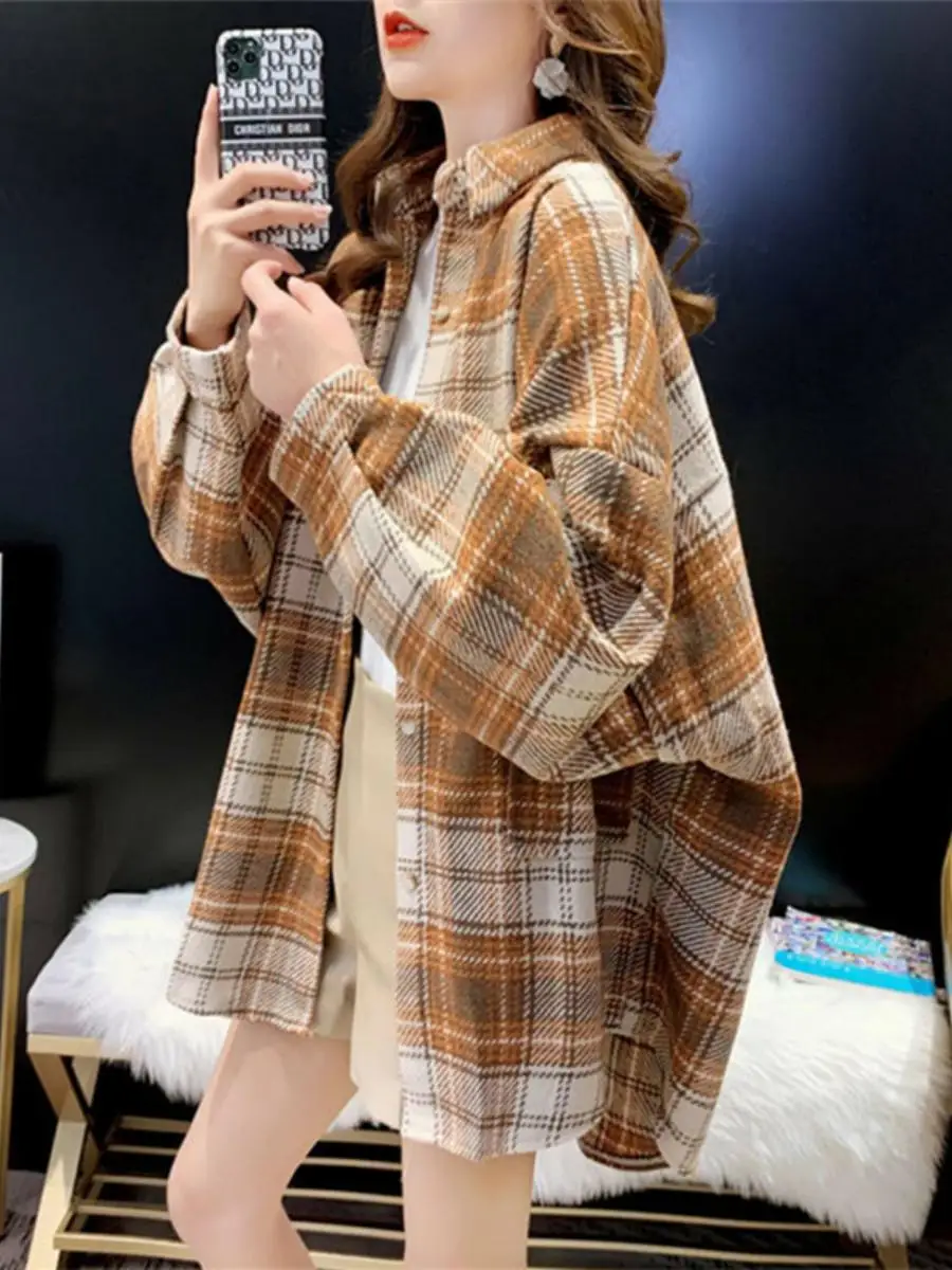 

Корейский Sle Thiened Plaid irt, осень-зима, Новое поступление, студенческая мояя верхняя одежда, универсальный топ с текстурой в стиле ретро