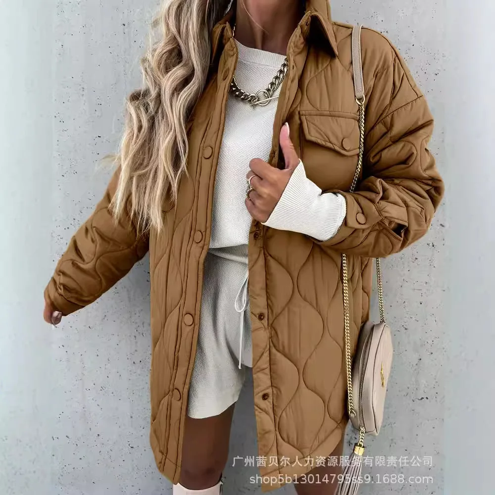 Pocket Cotton Jacket Women Long Sleeve Causal Loose Single Breasted Quilted Coats Outwear Solid Color Keep Warm Autumn Jackets