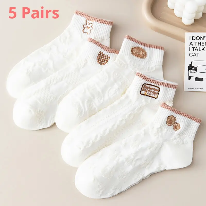 5 Pairs Women's Exquisite Summer And Autumn Short Tube Socks Mesh Breathable and Cute Cartoon Bear Ankel Socks