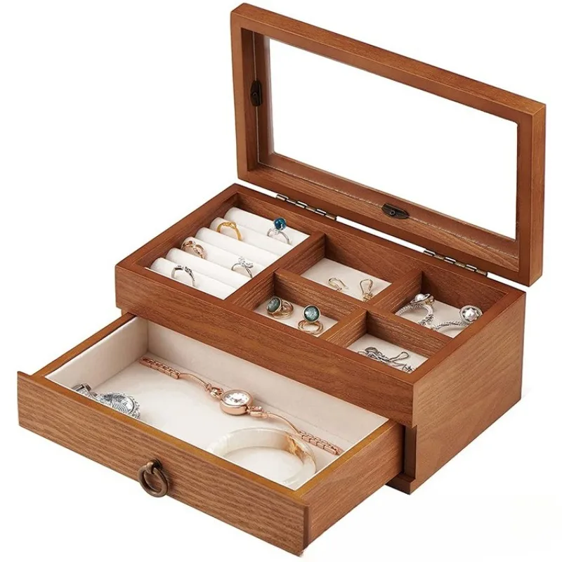 

Деревянный органайзер для ювелирных изделий, большие серьги, кольца, портативные футляры для хранения ювелирных изделий, прозрачные коробки для ожерелья, браслетов