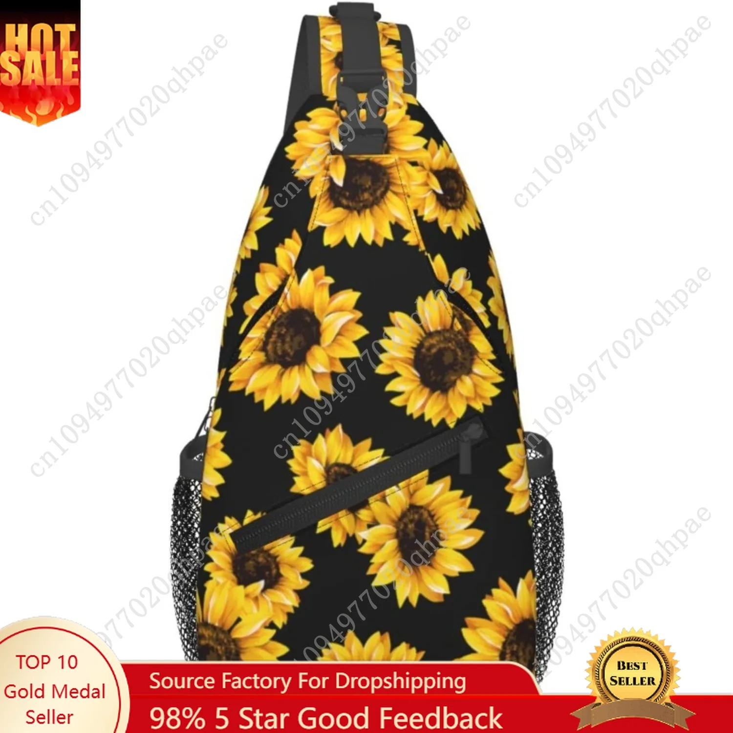 

Sunflower Crossbody Sling Bag for Women Men Cute Yellow Flowers on Black Background Travel Sling Backpack Casual Chest Shoulder