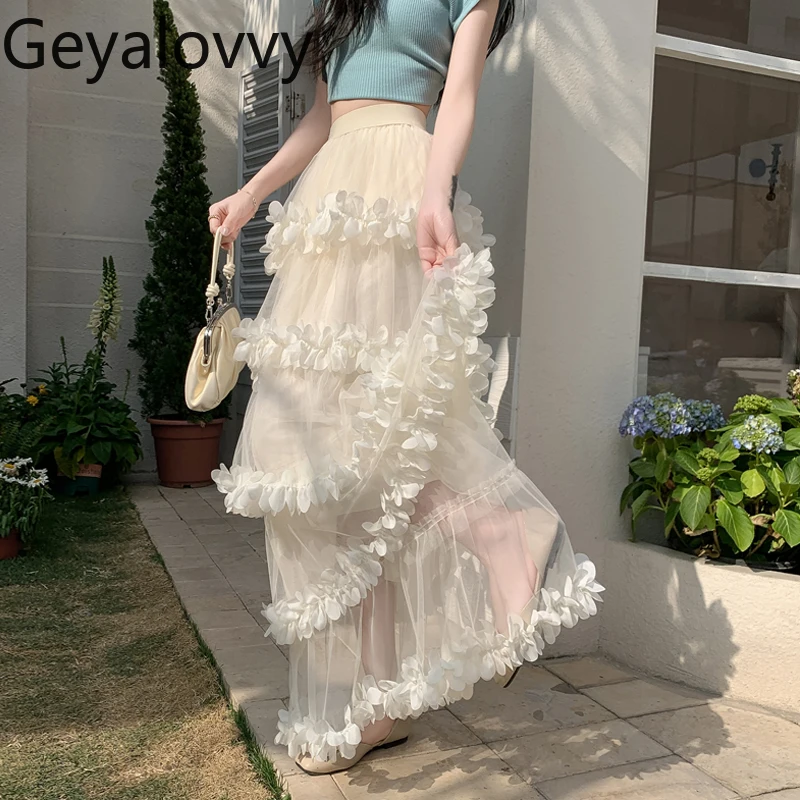 

Fairy White Design Petal Mesh Long Cake Skirt for Women Summer Sweet Versatile High Waist Solid Color Draped Maxi Skirts