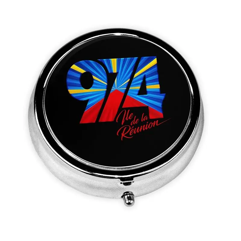 

974 Reunion Island Logo Print Pill Box with 3 Compartment Portable Round Pill Case Reunionese Proud Metal Travel Pill Organizer