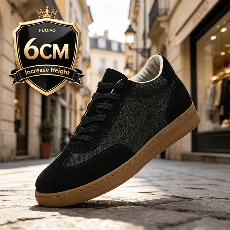 Men Elevator Casual Shoes 6CM Hidden Height Increase Top Layer Pigskin Canvas Sneakers Breathable Lace Up Fashion Lift Shoes
