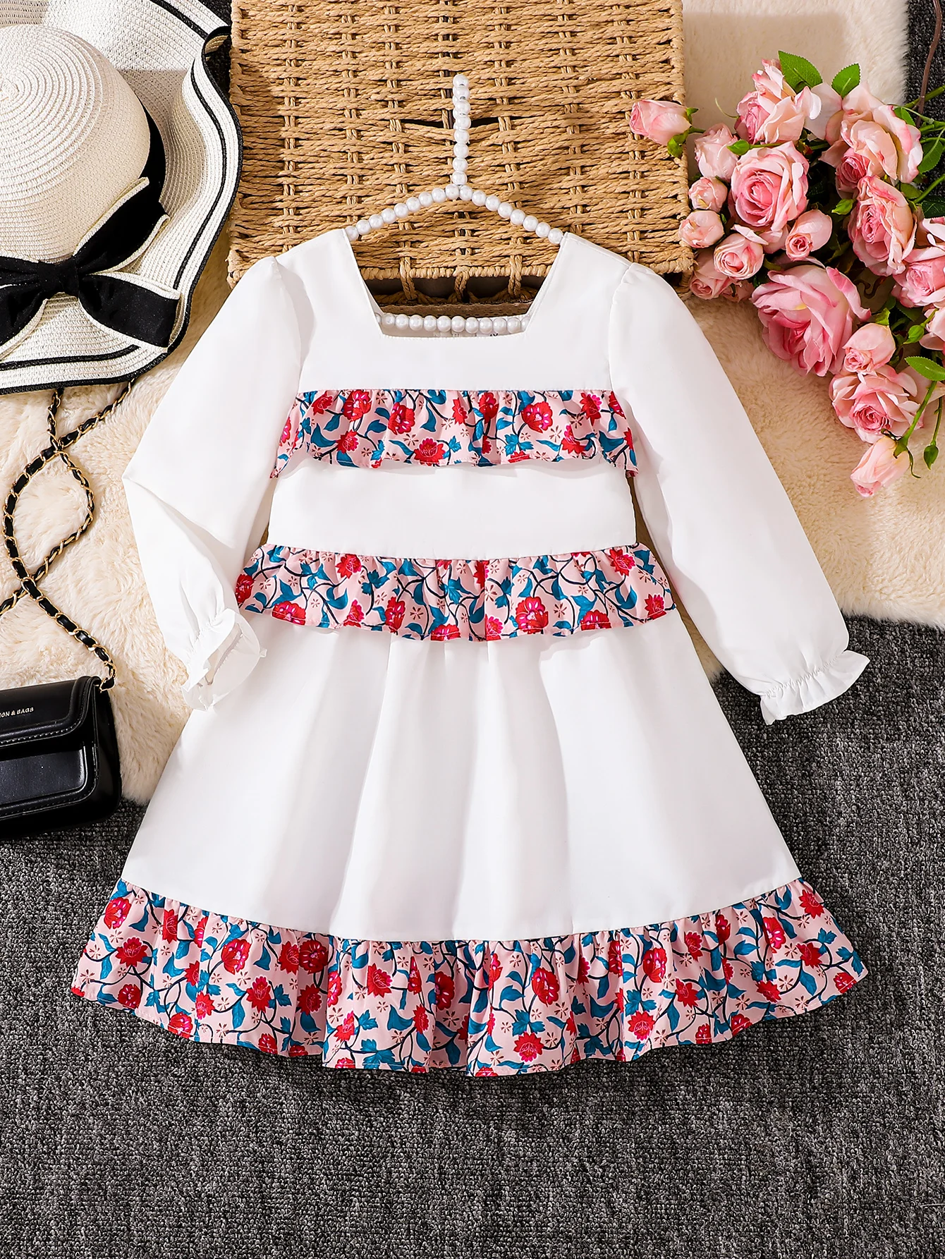 Mädchen Casual Langarm Frühling Herbst Blumen Trim Kleid Kinder Kleidung Kleinkind Mädchen Kleid Kinder Mode