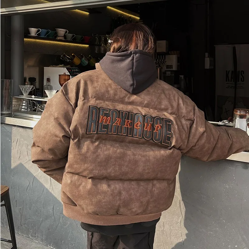 

Oversize Thiened Men's down Jaet Autumn Winter PU Leather Cotton Padded Coat Embroidered Loose Outerwear Casual Trendy