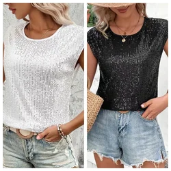 Woman SexyShort Sleeve Glitter Sequin Crop Top Summer Sleeveless  Shine T-shirts