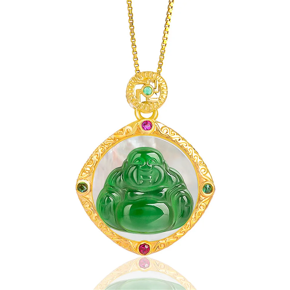 18K Gold Natural Green Jadeite Carved Gem Belly Buddha Lucky Pendant Amulet Necklace Certificate Luxury Jade Vintage Jewelry