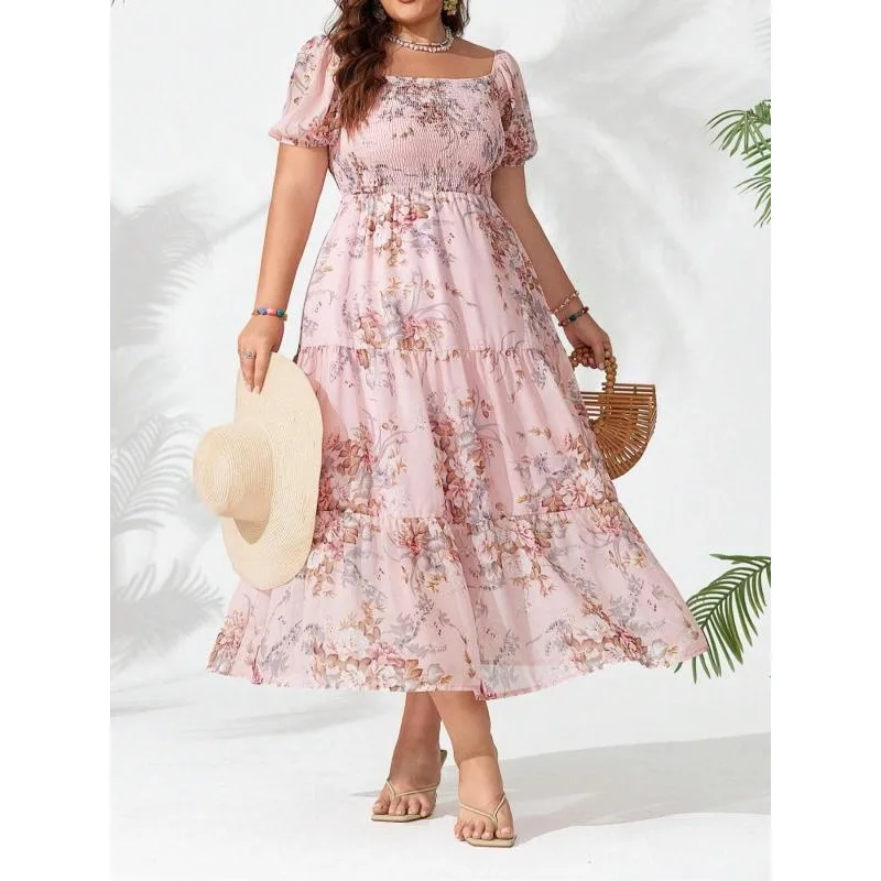 Minivestido de talla grande con estampado de volantes y mangas aleteadas para mujer, vestido informal con cuello cuadrado para vacaciones en la playa y vacaciones