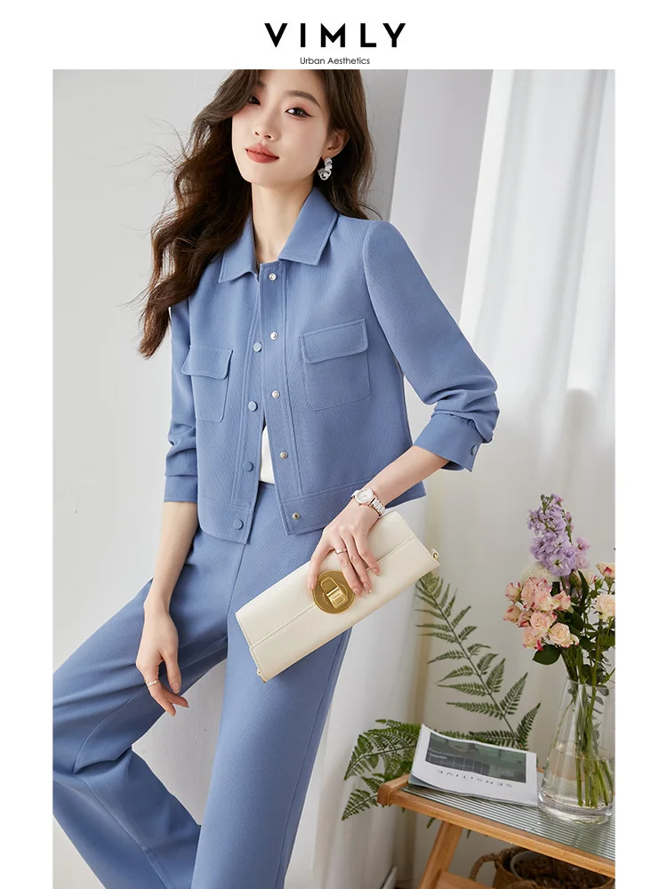 Vimly Pant Sets for Women Fashion Chic 2023 Spring New Two Piece Set for Women Blue Long Sleeve Turndown Collar Lady's Tracksuit