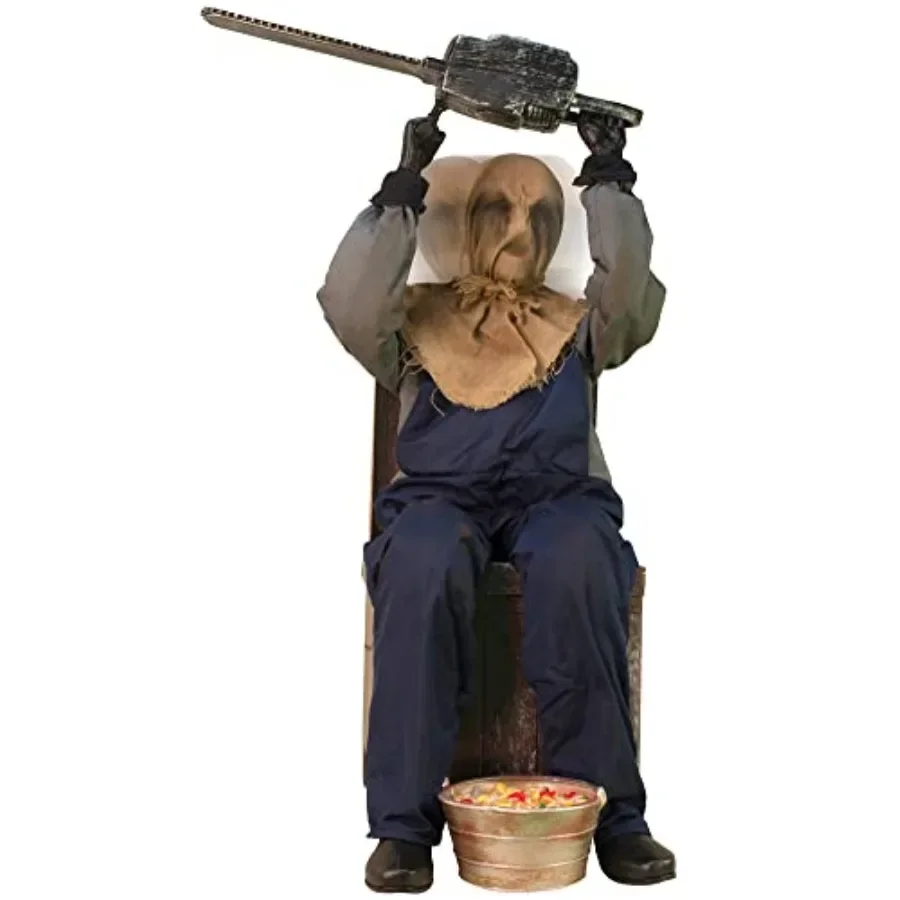 Outdoor decorative chainsaw greeter, polyresin material, weathered gray finish, lightweight and durable for seasonal display