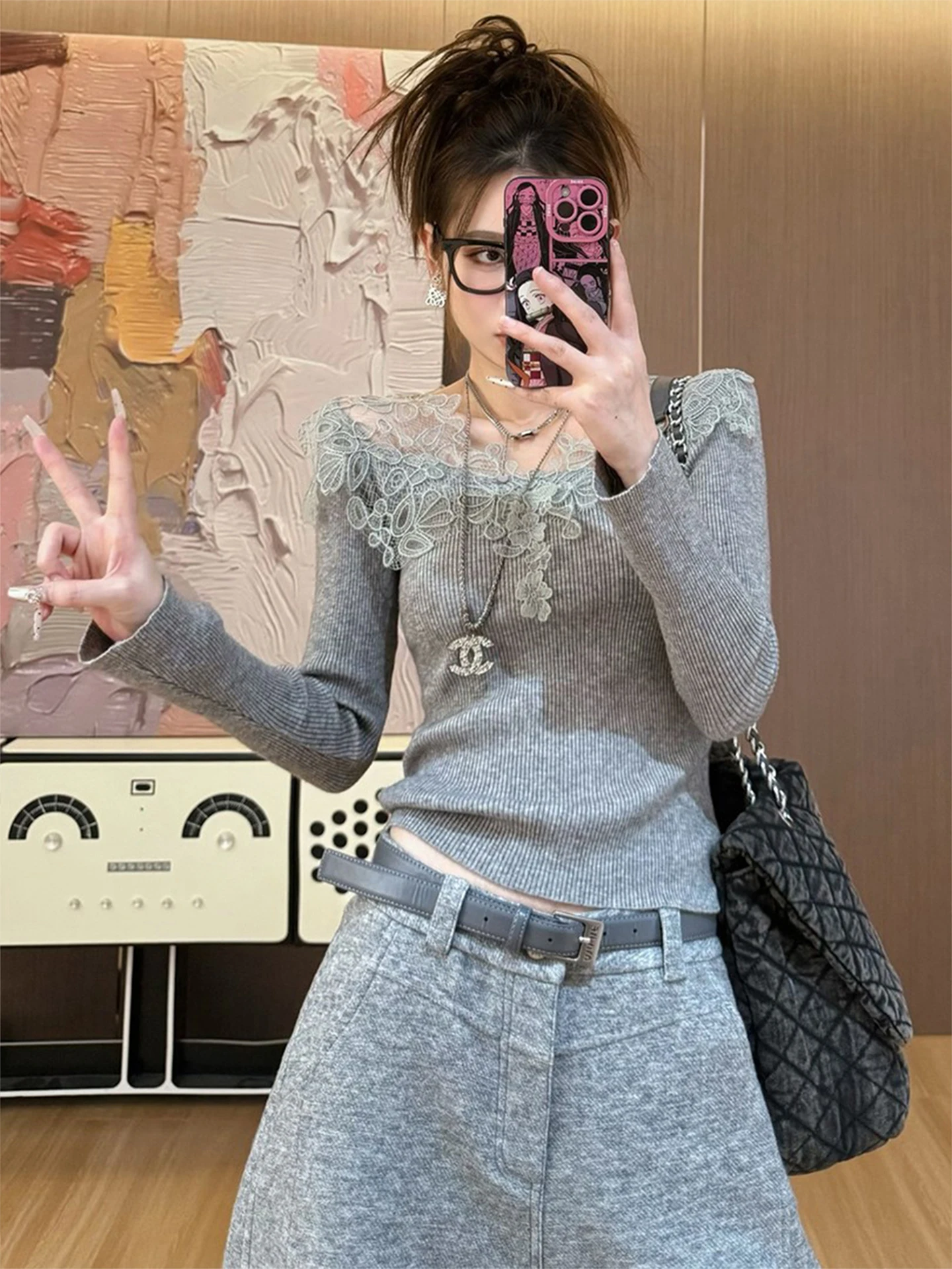 

French Sle Long Sve Lace Insert V-Ne Knitwear Women's Base irt Beautiful Unique Luxury Autumn Winter Color Top