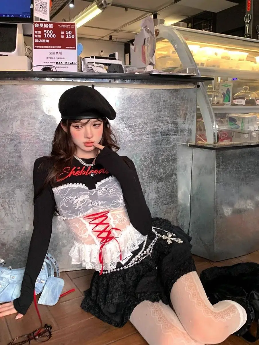 

Lace Trim Ruffle Detail American Style Women Tshirt Long Sleeve Hollow Out Top Y2K Fairy Grunge Aesthetic Autumn Winter Fashion