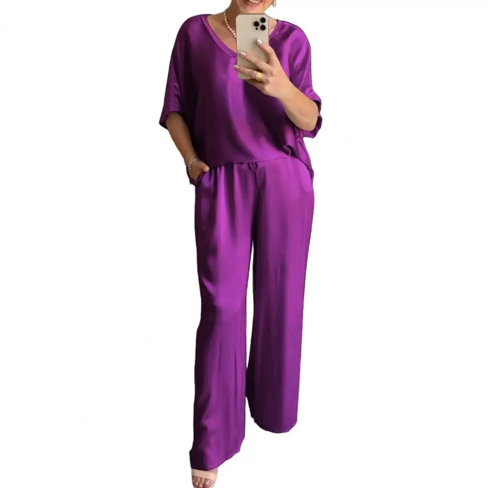 

Летние атласные комплекты из двух предметов для женщин, топ с v-образным вырезом и половиной рукавов, широкие брюки, комплект, повседневный свободный костюм для отдыха