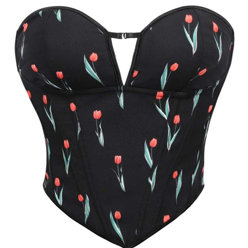 

Женский модный корсет-топ: сексуальный черный корсет с цветочной вышивкой, без бретелек, укороченный, летний, с боковой молнией, корректирующий фигуру